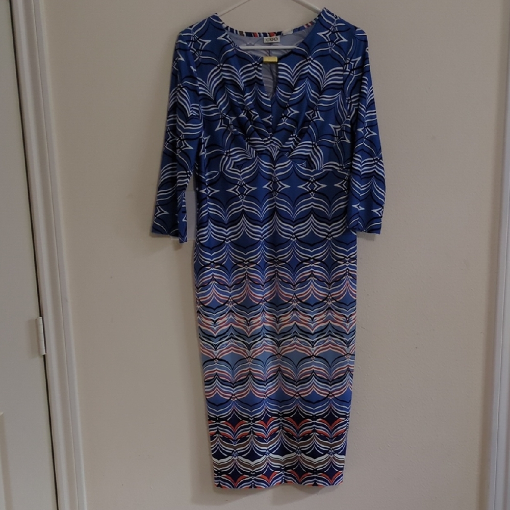 Cato Blue and Red Geometric Long Sleeve Dress